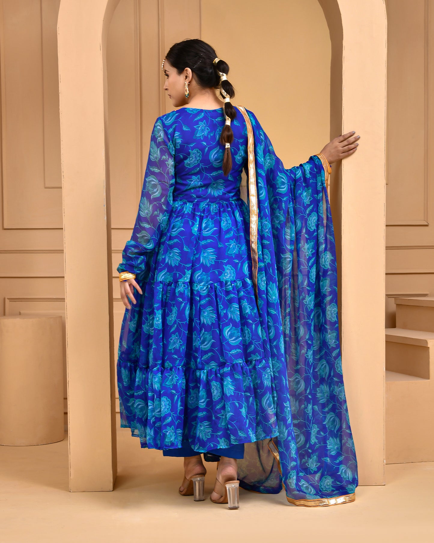 BLUE PRINTED CHIFFON ANARKALI SET