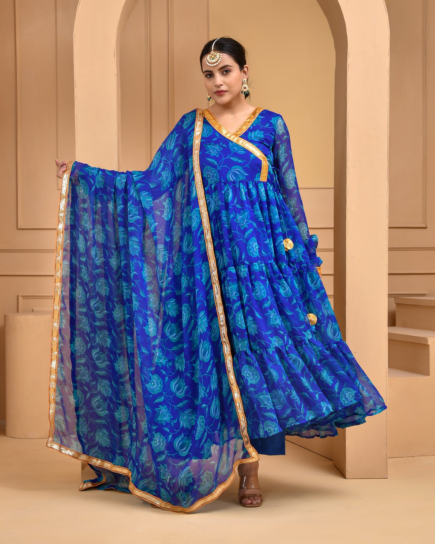 BLUE PRINTED CHIFFON ANARKALI SET