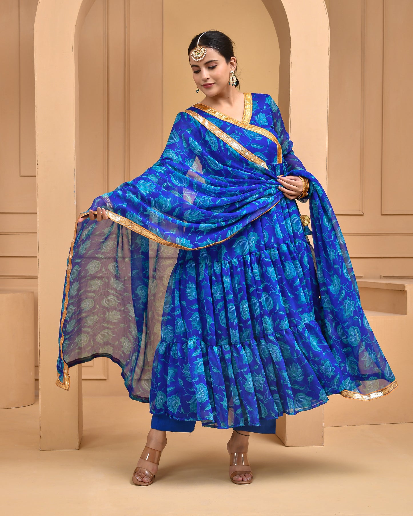 BLUE PRINTED CHIFFON ANARKALI SET