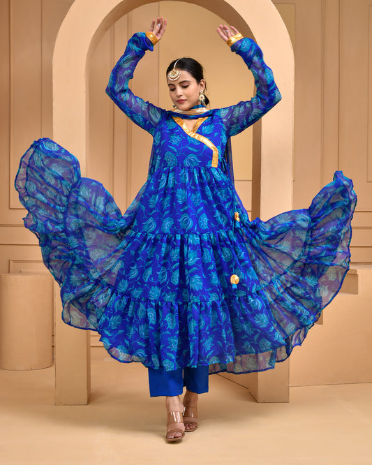 BLUE PRINTED CHIFFON ANARKALI SET