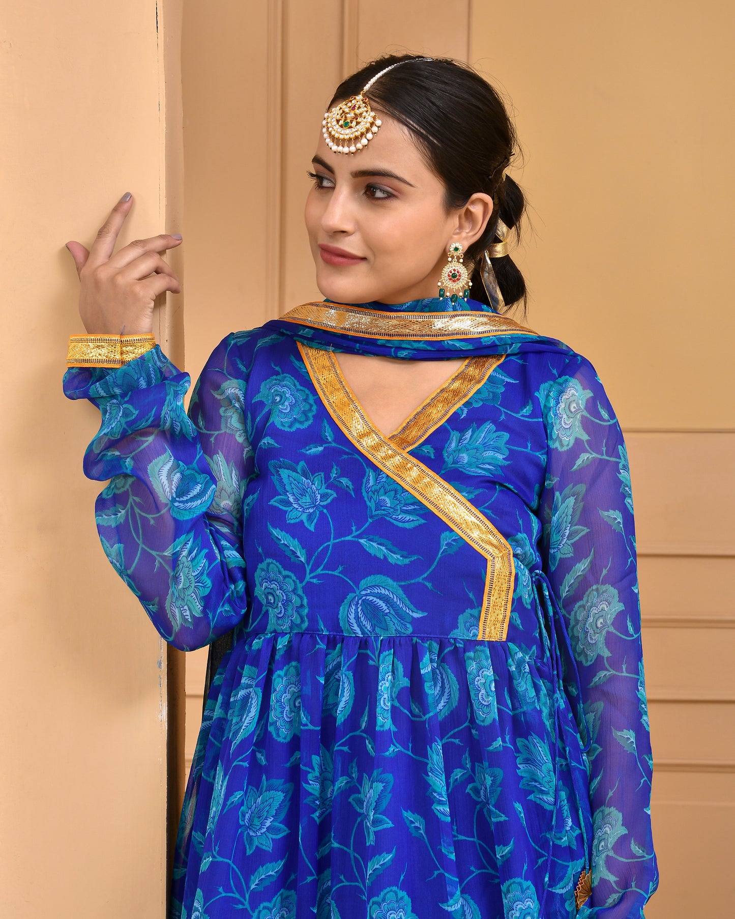BLUE PRINTED CHIFFON ANARKALI SET