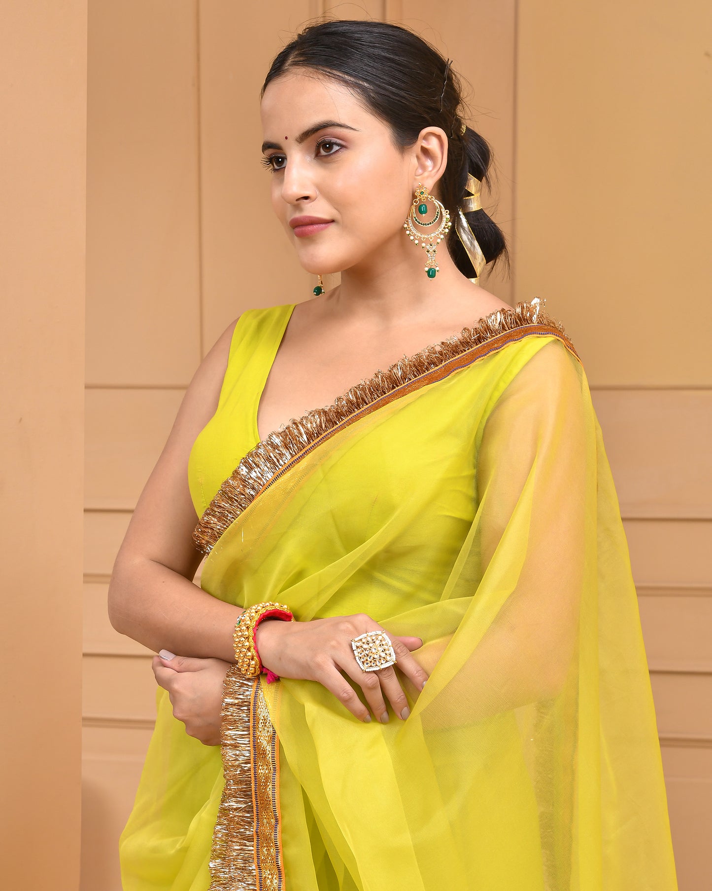 LIME ORGANZA GOTA SAREE