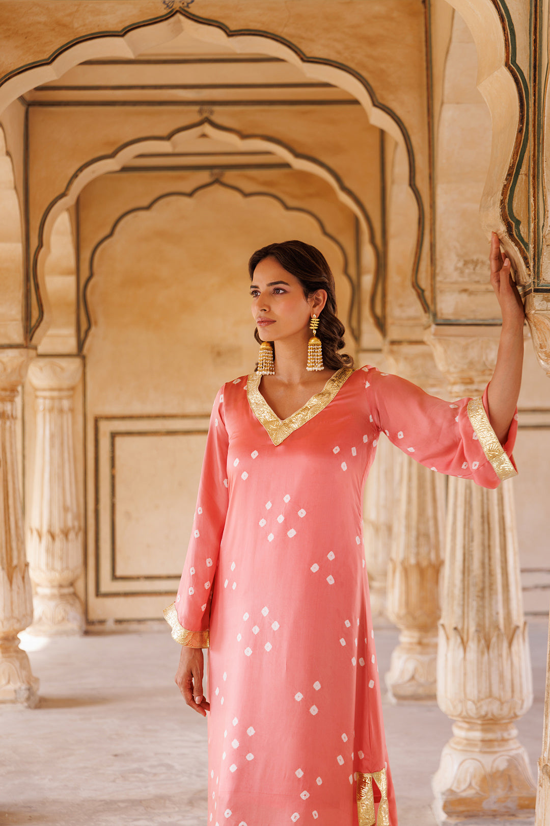 Peach Hand-Tied Bandhani Kaftan