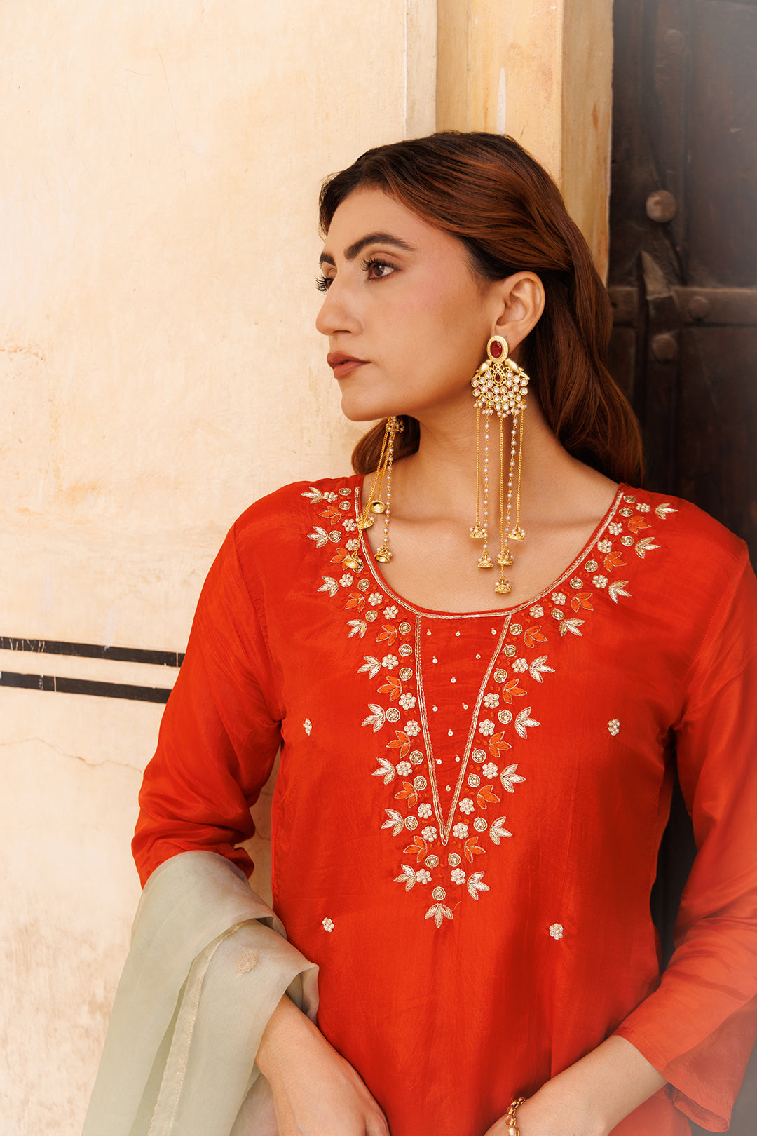 Rust-orange Hand Embroidered Kurta Set