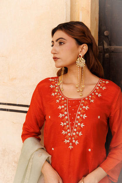 Rust-orange Hand Embroidered Kurta Set