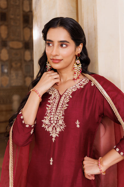 Wine Hand Embroidered Uppada Silk Kurta Set