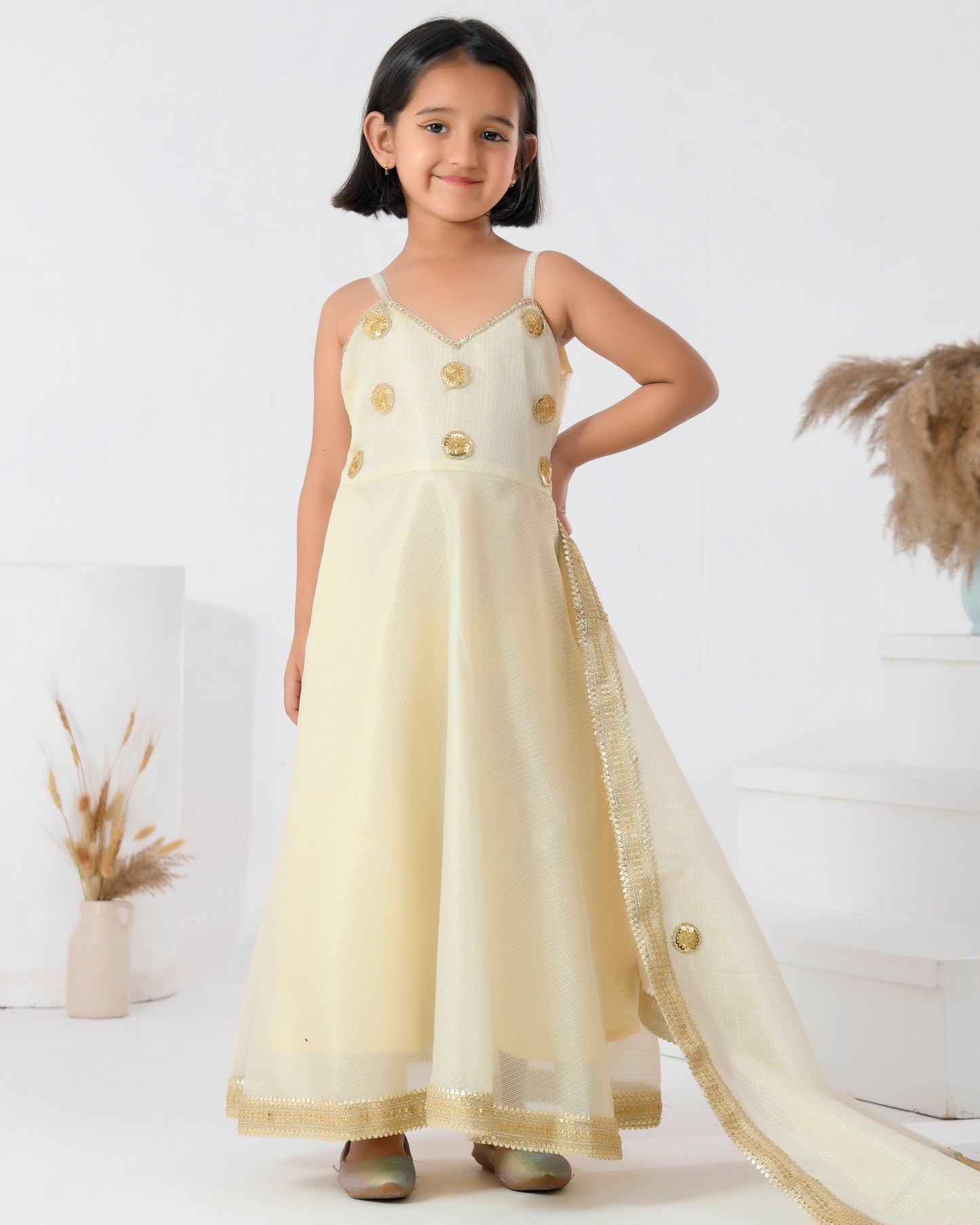 Ivory Doriya Silk Embellished Floral Embroidered Anarkali Set