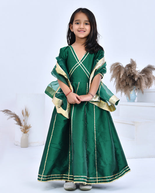 Green Taffeta Silk Embellished Gota Anarkali Set