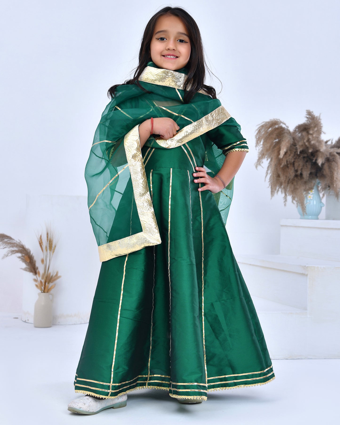 Green Taffeta Silk Embellished Gota Anarkali Set