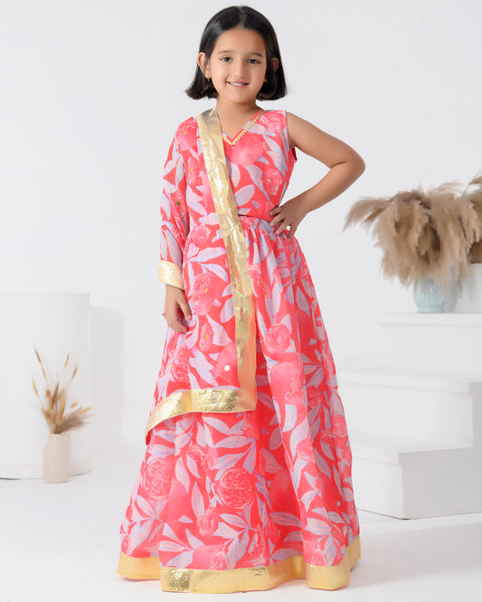 Pink Chanderi Printed Botanical Lehenga Set