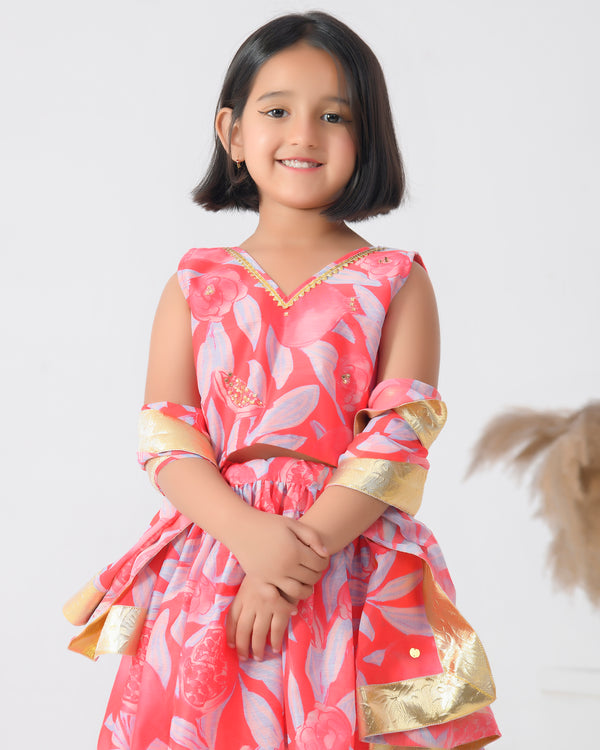 Pink Chanderi Printed Botanical Lehenga Set