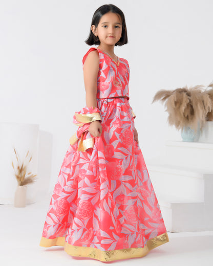 Pink Chanderi Printed Botanical Lehenga Set