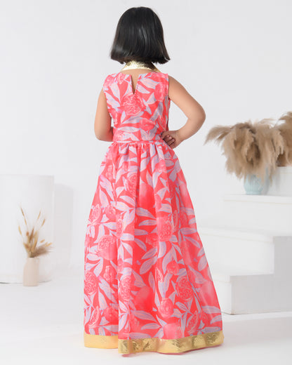 Pink Chanderi Printed Botanical Lehenga Set