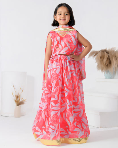 Pink Chanderi Printed Botanical Lehenga Set
