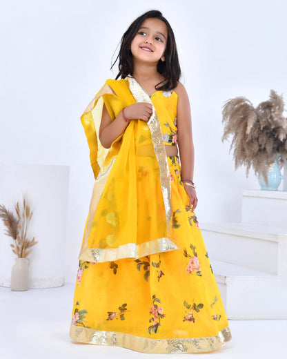 Yellow Floral Printed Chanderi Lehenga Set