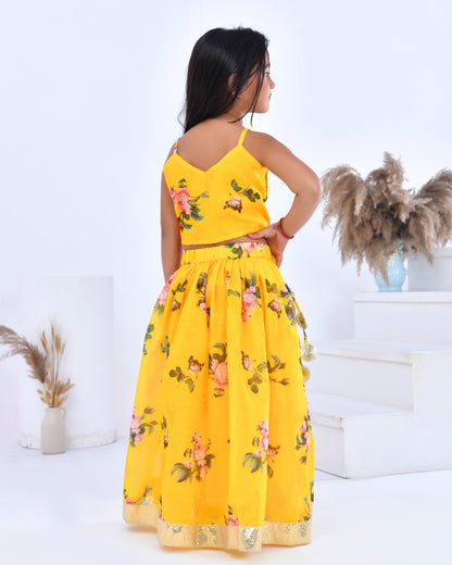 Yellow Floral Printed Chanderi Lehenga Set