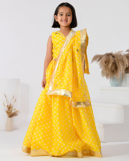 Yellow Chanderi Printed Bandhani Lehenga Set