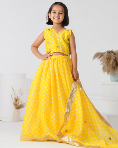 Yellow Chanderi Printed Bandhani Lehenga Set