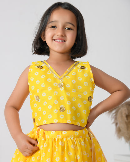 Yellow Chanderi Printed Bandhani Lehenga Set