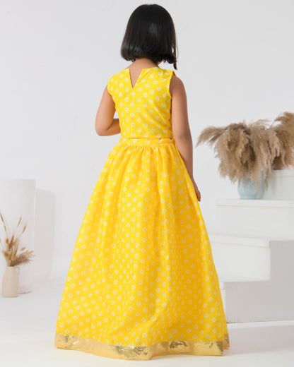 Yellow Chanderi Printed Bandhani Lehenga Set