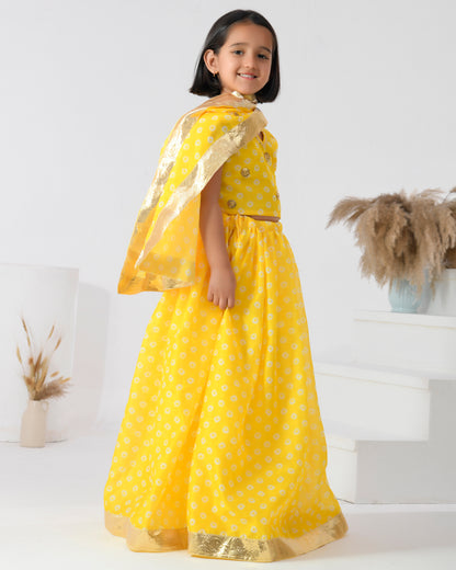 Yellow Chanderi Printed Bandhani Lehenga Set