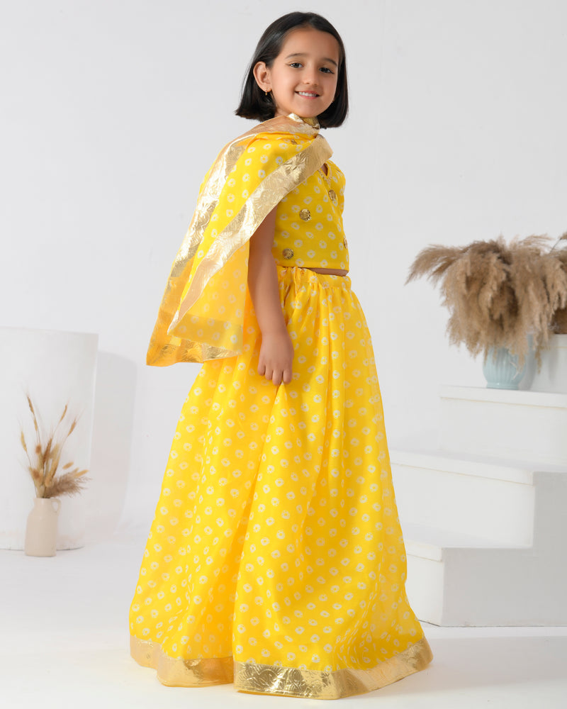 Yellow Chanderi Printed Bandhani Lehenga Set