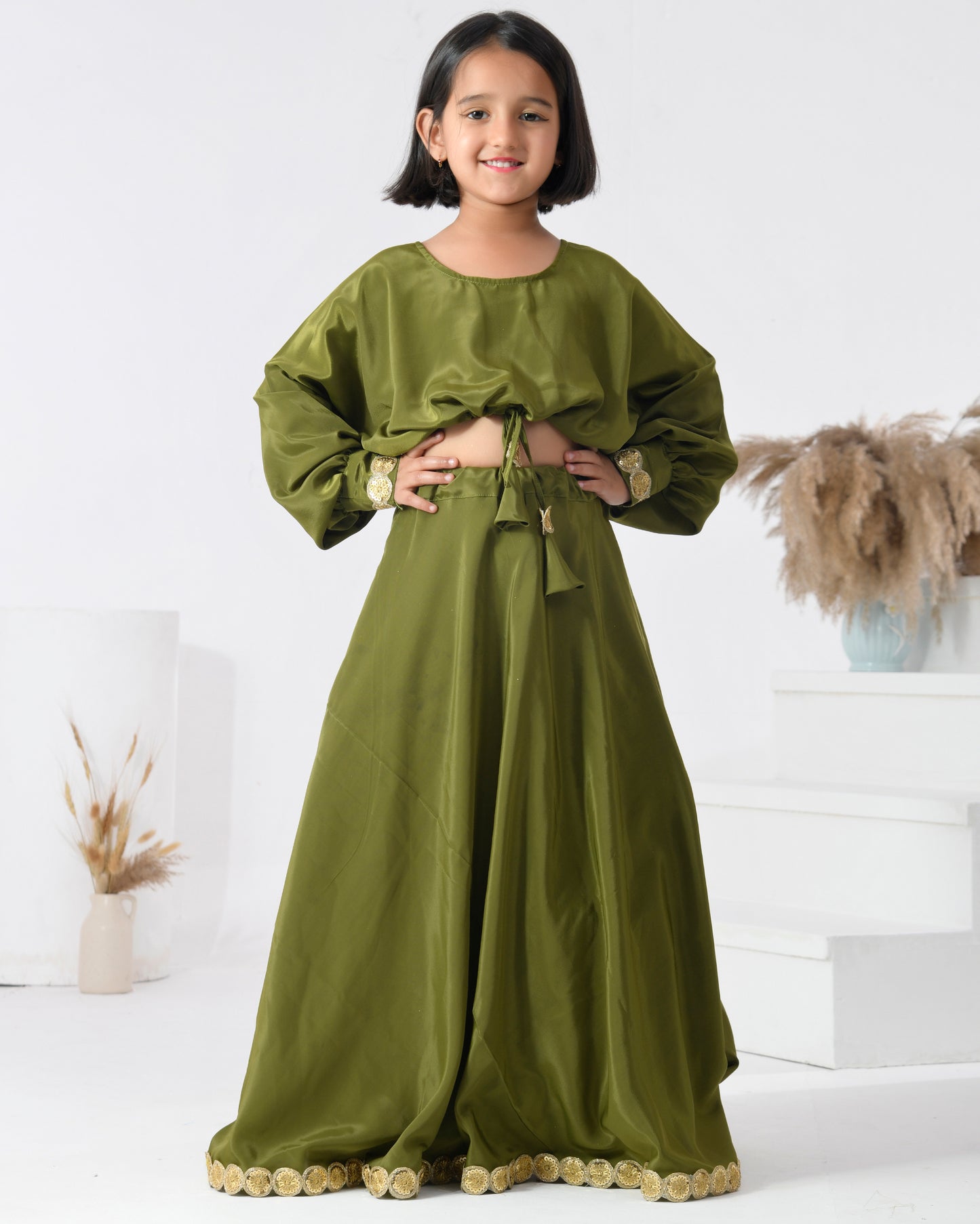 Green Crepe Embellished Floral Hem Lehenga And Blouse