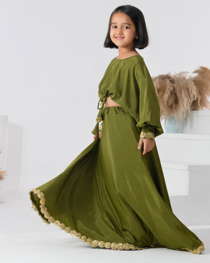 Green Crepe Embellished Floral Hem Lehenga And Blouse