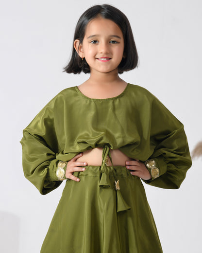 Green Crepe Embellished Floral Hem Lehenga And Blouse