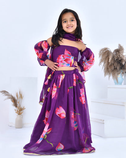 Purple Chiffon Printed Blossom Lehenga Set