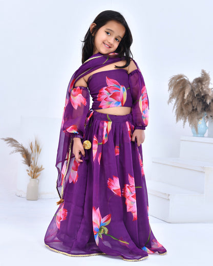 Purple Chiffon Printed Blossom Lehenga Set