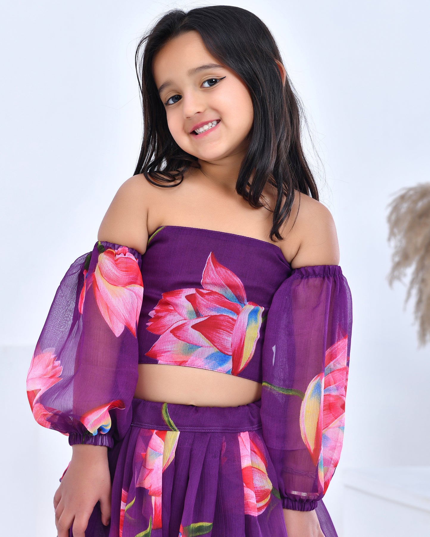 Purple Chiffon Printed Blossom Lehenga Set