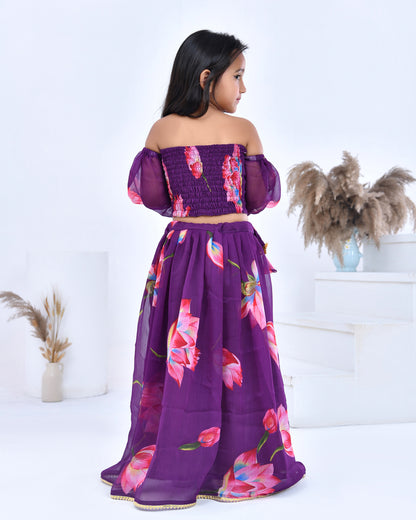 Purple Chiffon Printed Blossom Lehenga Set