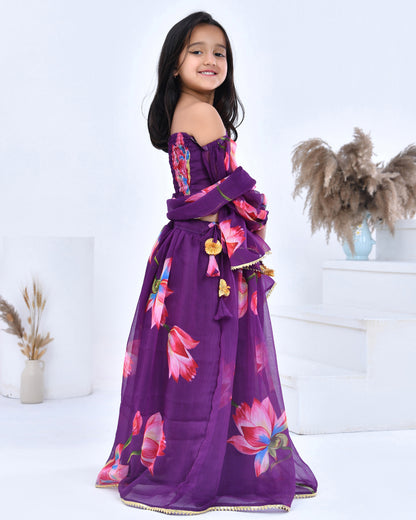 Purple Chiffon Printed Blossom Lehenga Set