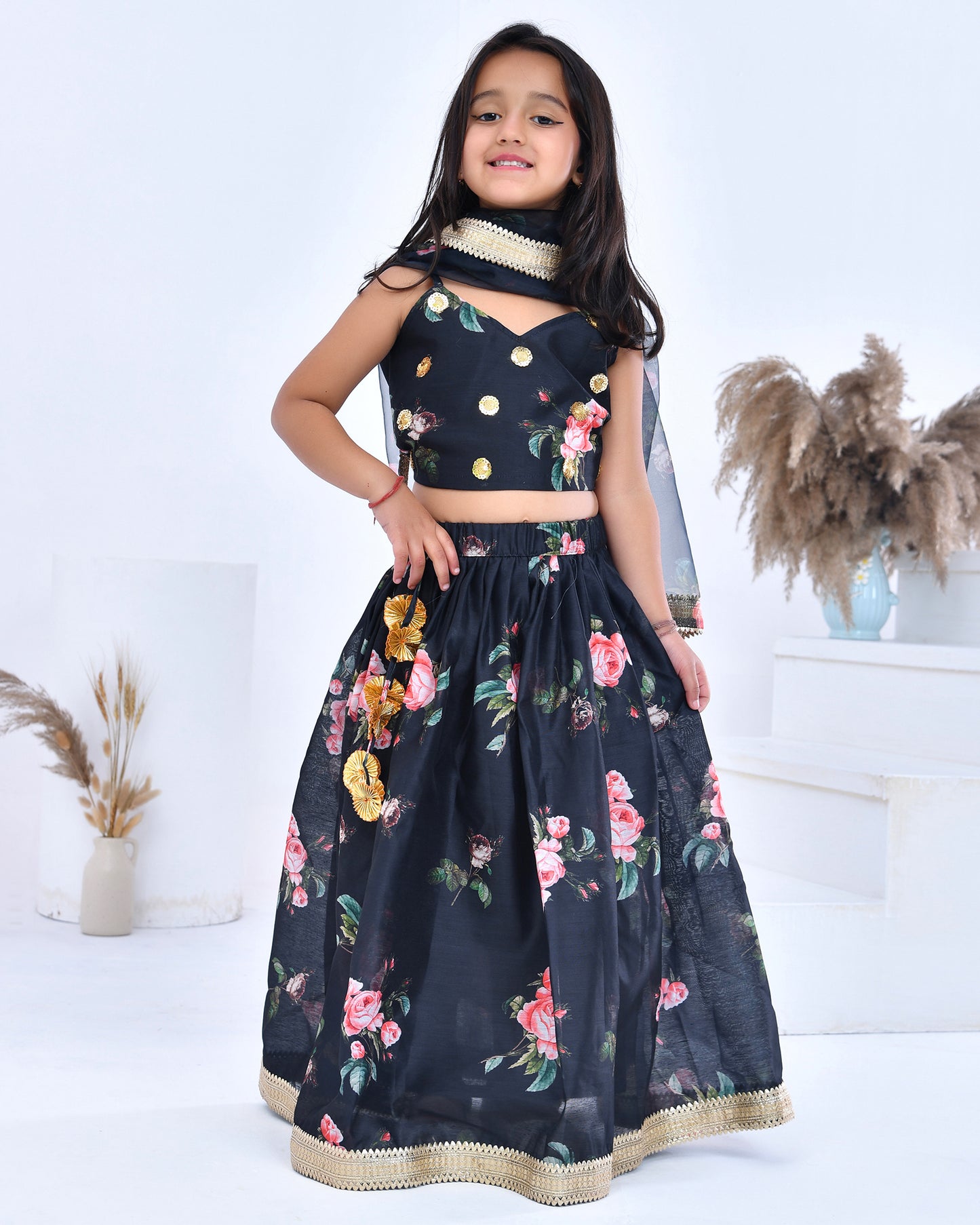 Bloom Print Black Lehenga Set