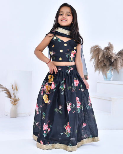 Bloom Print Black Lehenga Set