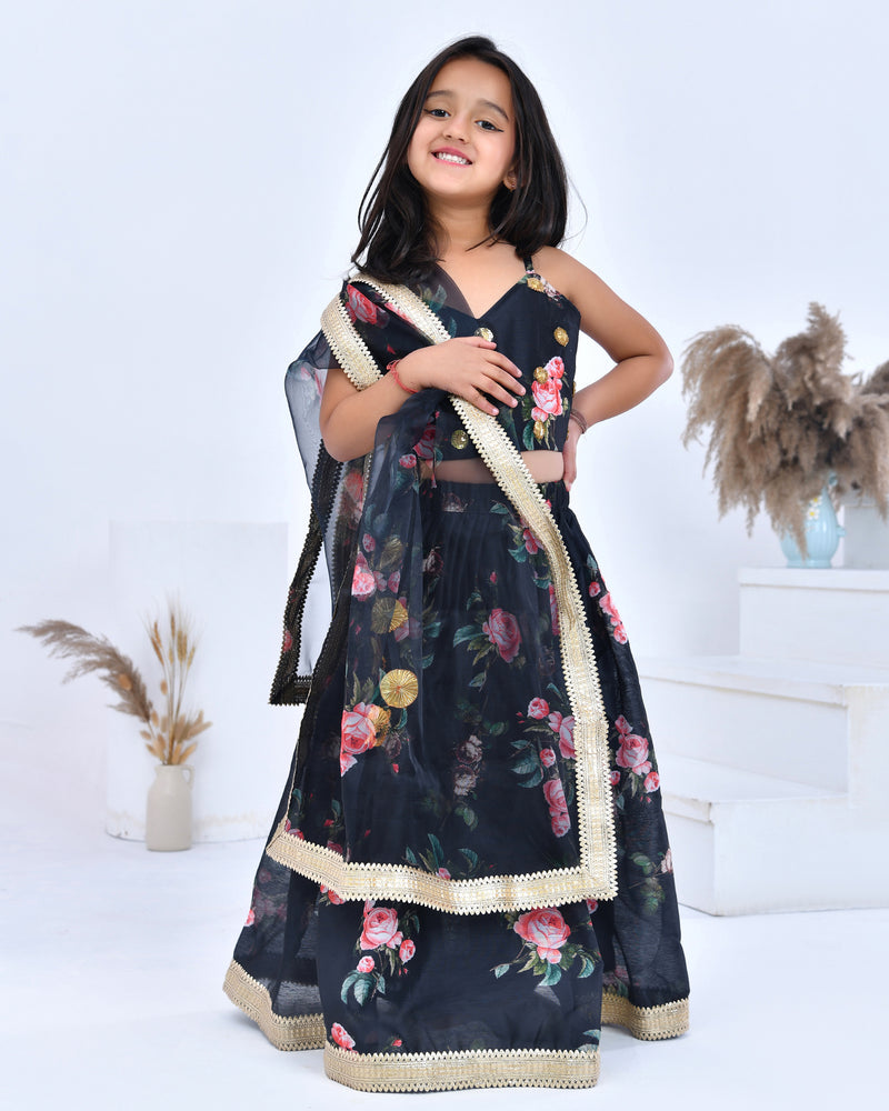 Bloom Print Black Lehenga Set