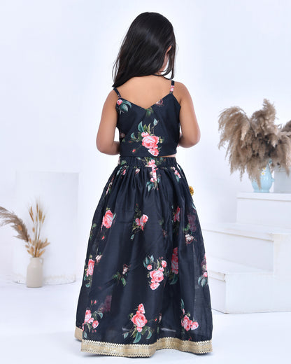 Bloom Print Black Lehenga Set