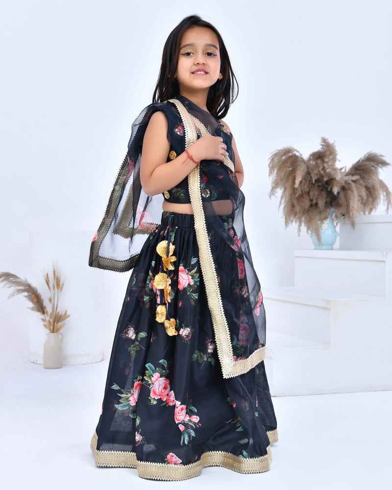 Bloom Print Black Lehenga Set