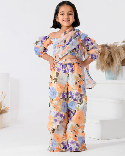 Peach Chanderi Printed Floral Pre-draped Saree Set