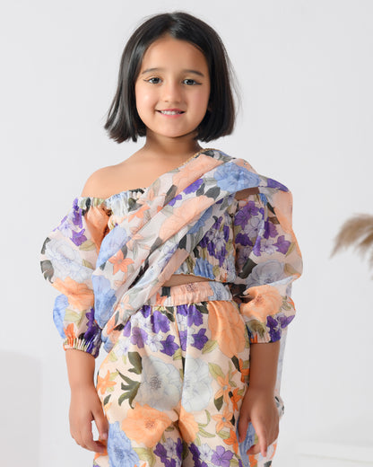 Peach Chanderi Printed Floral Pre-draped Saree Set