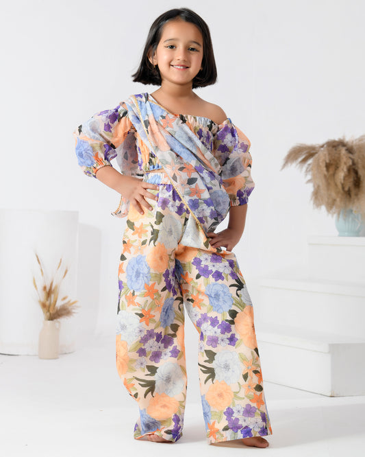 Peach Chanderi Printed Floral Pre-draped Saree Set