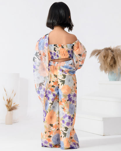 Peach Chanderi Printed Floral Pre-draped Saree Set