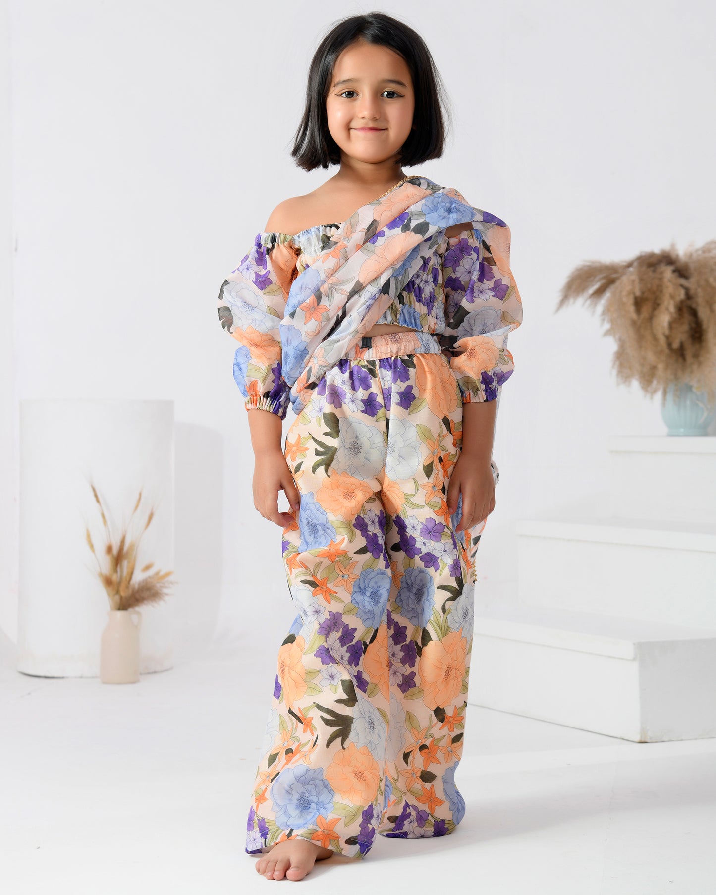 Peach Chanderi Printed Floral Pre-draped Saree Set