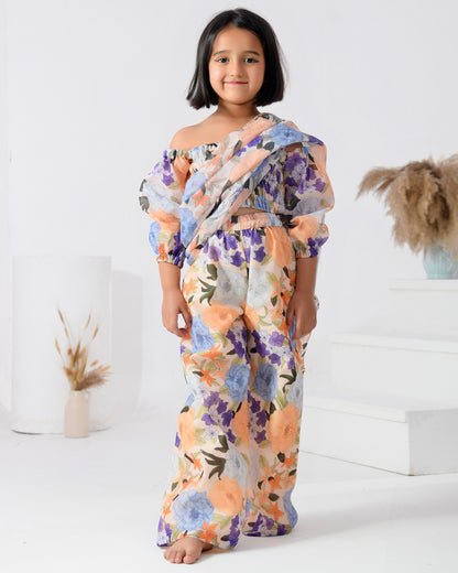 Peach Chanderi Printed Floral Pre-draped Saree Set