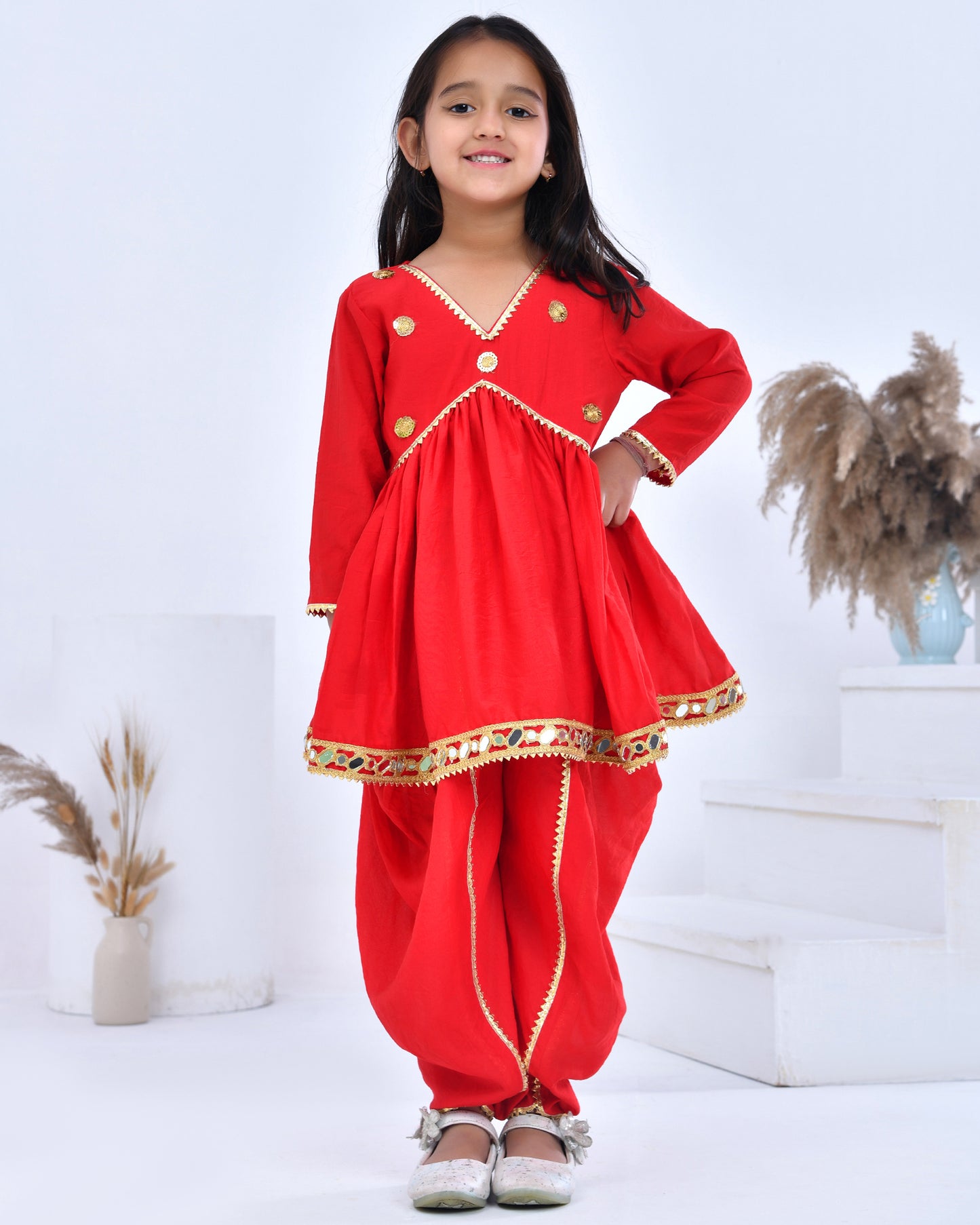 Red Gota Embellished Kurta Dhoti Pant Set