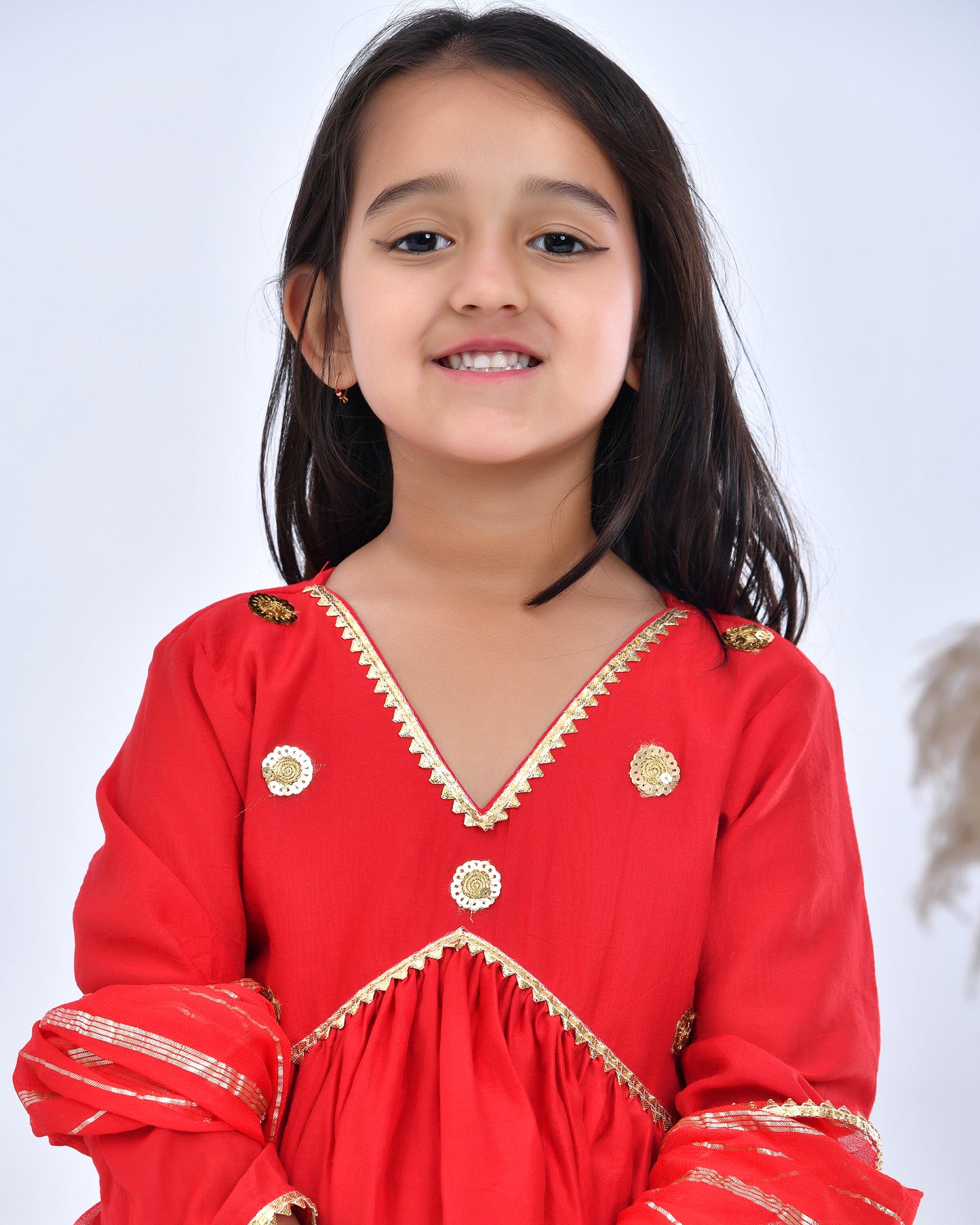 Red Gota Embellished Kurta Dhoti Pant Set