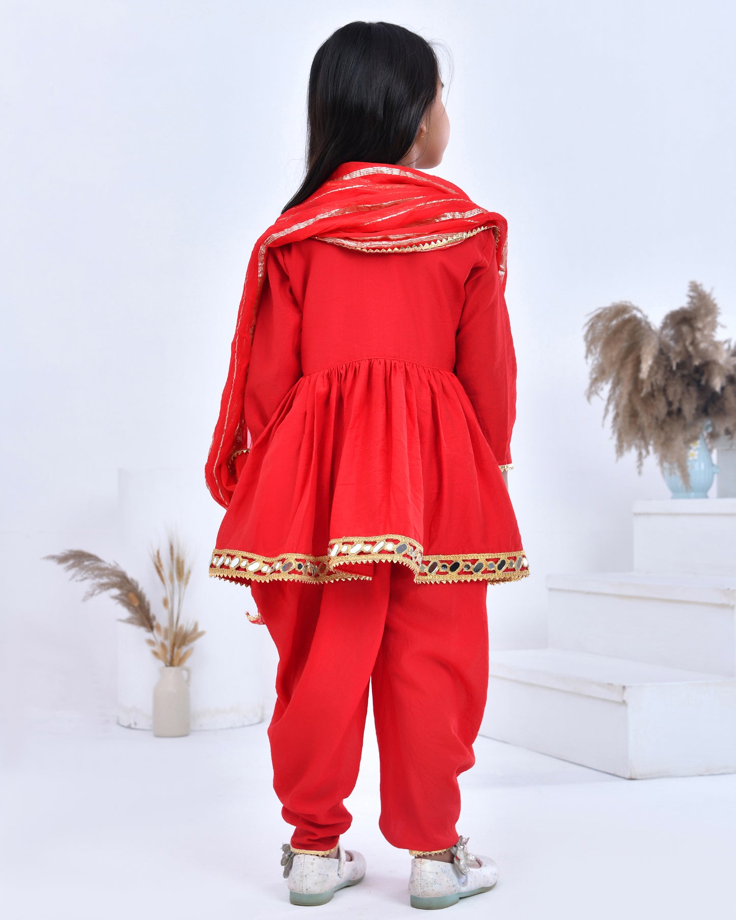 Red Gota Embellished Kurta Dhoti Pant Set