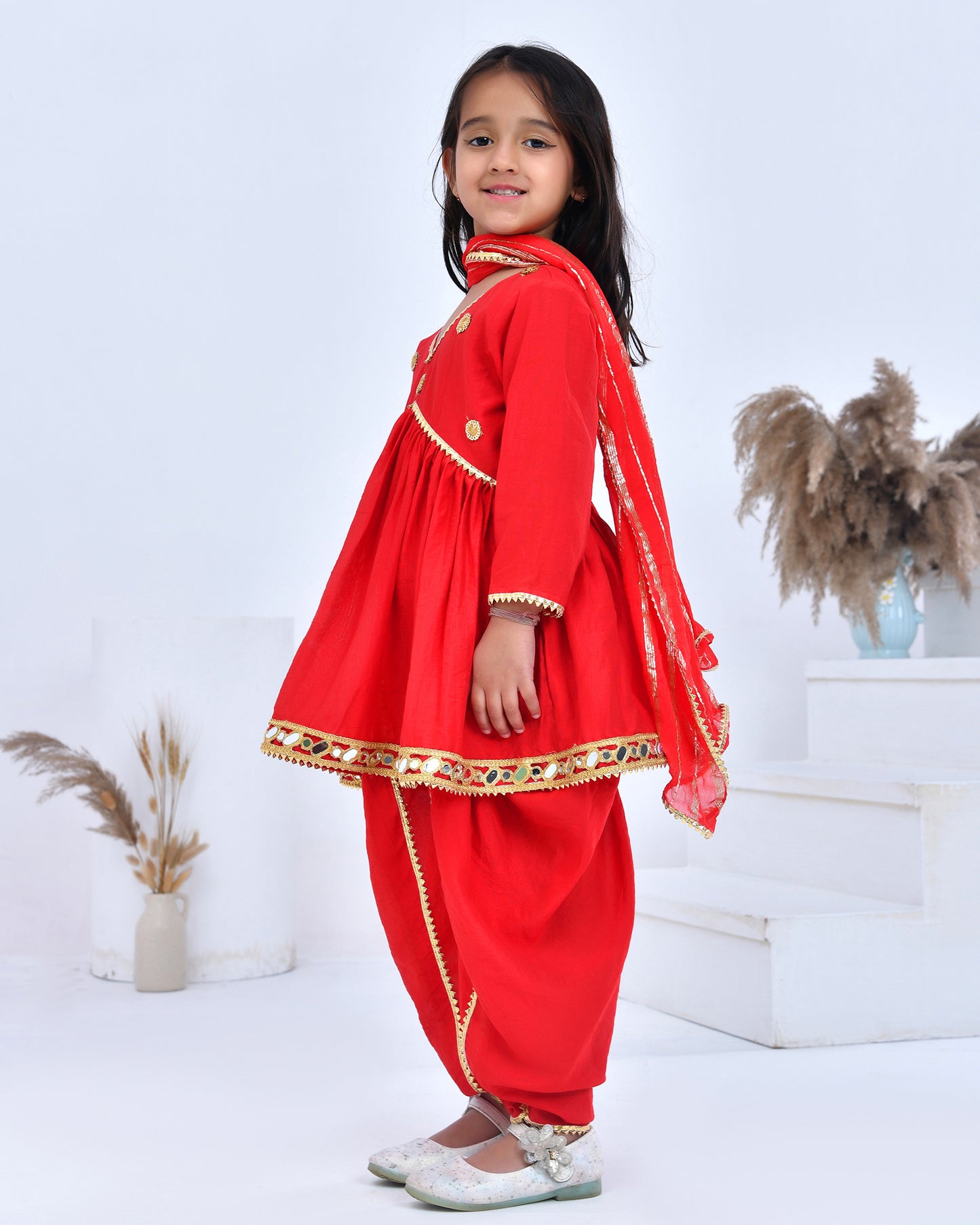Red Gota Embellished Kurta Dhoti Pant Set