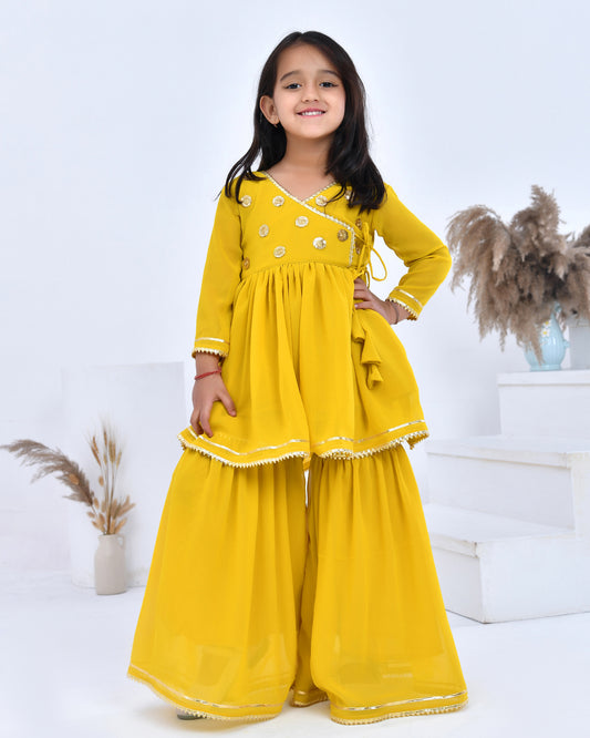 Yellow Georgette Embellished Gota Angarkha Sharara Set